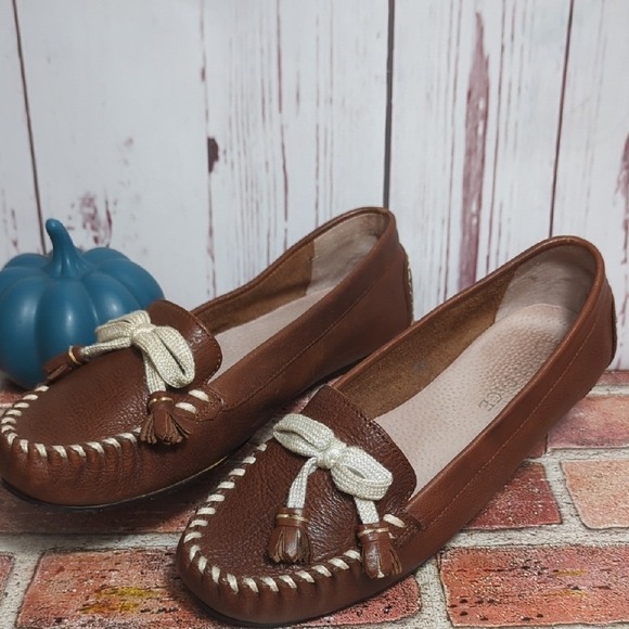 Fat Face British Brown Leather Loafers Women's 8.5 Cream Bow Stitching‎ Heritage - Picture 10 of 16